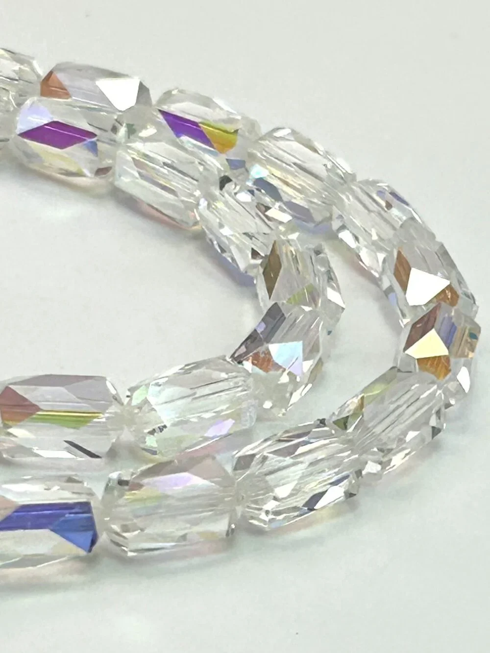 Vintage AB Crystal Rainbow Barrel Bead Necklace Aurora Borealis 16”